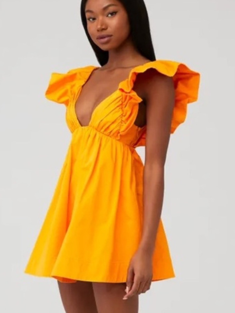 For Love And Lemons Clementine Orange Ruffle V-Neck Mini Dress